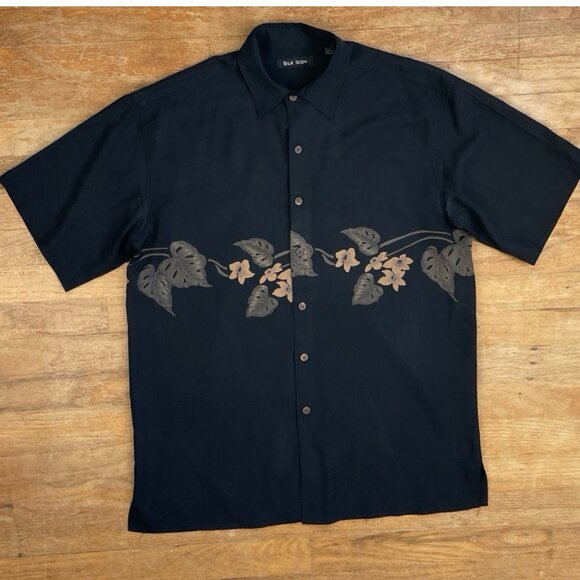 Vintage Mens Silk Hawaiian Shirt Size Large 1990s Tropical Floral Leaf Print - Picture 1 of 4